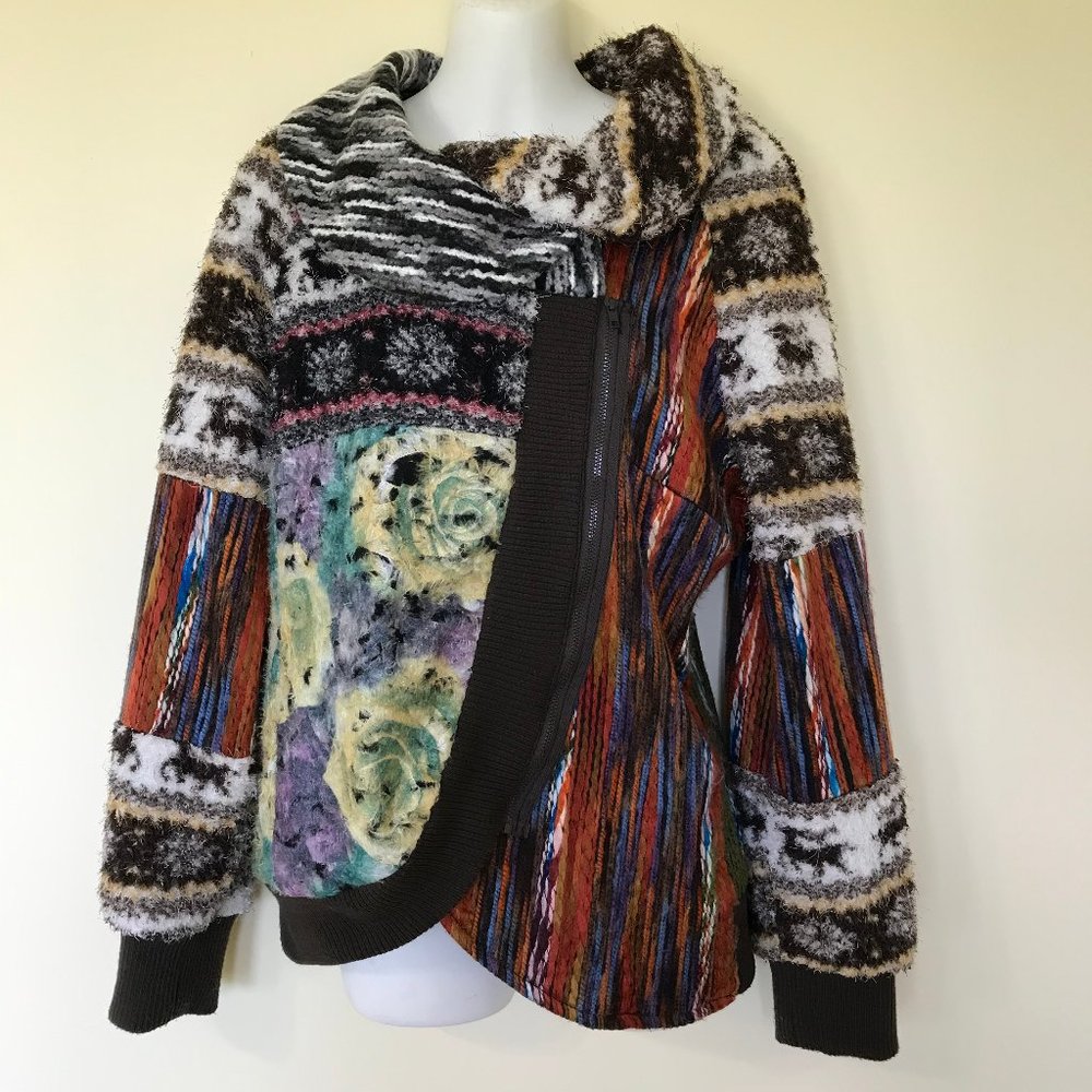 Elena Wang Colorful Textured Patchwork Zip Up Cardigan Jacket Top NWOT